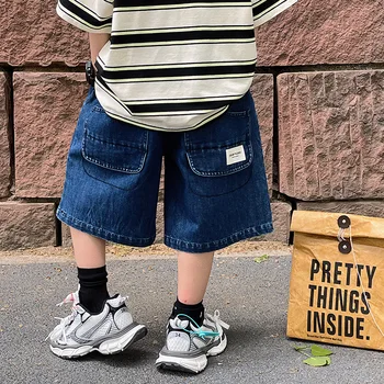 Детски дънкови шорти, новост лятото 2023, модни свободни ежедневни скъсяване на панталони за момичета и момчета
