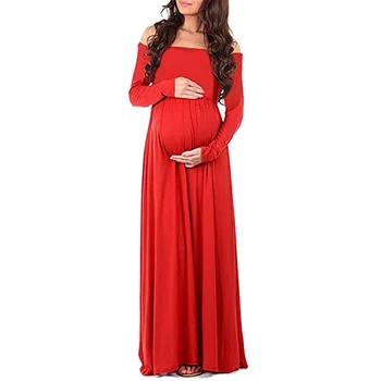 Червени плисирани рокли за бременни с открити рамене, дебнещ вечерна рокля за бременни с дълъг ръкав за фотосесия в душата на детето, е роклята на Макси Vestido
