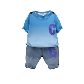 2023 Лятна нова детски дрехи, детски комплект с къси ръкави, корейската версия, тениска за момчета, шорти, два комплекта, къси Панталони за момчета, деним комплект