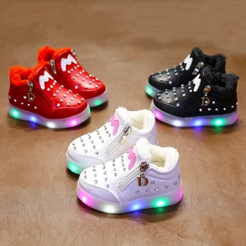 Модерен ежедневен детски обувки за момичета, зимна топла плюшен обувки на плосък ток, мультяшная светкавица с кристали, детска led обувки за момичета, flash 12