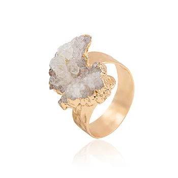 Отворен пръстен с неправилна форма кристал кварц за жени и момичета, двустранни бижута за пръстите от необработени камъни златисто на цвят, с възможност за промяна на размера