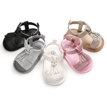 FOCUSNORM/ кожени сандали за новородените момичета; обувки на принцесата на равна подметка с пискюли на еднакво не-хлъзгава подметка