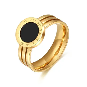 Прост пръстен от титанов стомана, черни и бели римски цифри, женски пръстен от неръждаема стомана