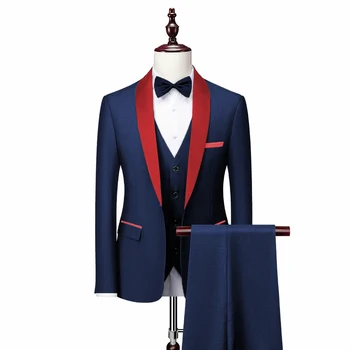 Мъжки костюм с червени ревери, Однобортный, оборудвана, Официални костюми за сватбени партита, Блейзър за младоженеца, панталони, комплект от 3 теми (Блейзър + Жилетка + Панталони)