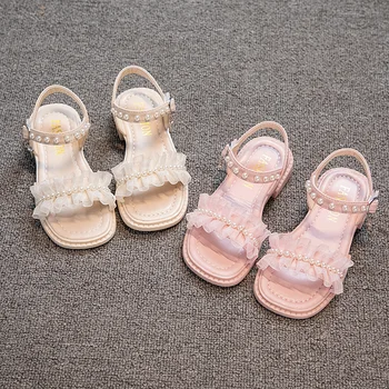 Летни детски сандали, обувки принцеса с хубави перли, мода нескользящая плажни обувки с отворени пръсти, обувки с мека подметка за момичета 4-6 години