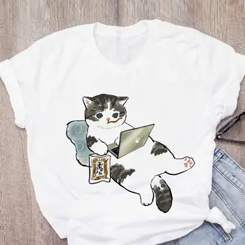 Женска тениска с сладък котка и забавен модел на карикатура, Скъпа риза в стил Харадзюку, Тениска с графичен принтом Улззанг, Модерен Естетичен Топ тениска