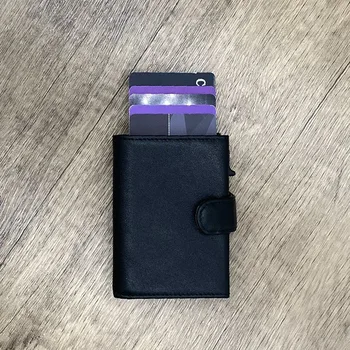 Алуминиев държач за кредитни ID-карти, мултифункционален RFID-блокиране на трислоен умен мъжки портфейл от естествена кожа, тънък портфейл с джоб за монети