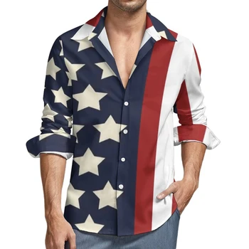 Ежедневни ризи с принтом на американското, мъжка риза с флага в звездната ивица, есенна мода риза с дълъг ръкав, по-големи размери, мъжки блузи