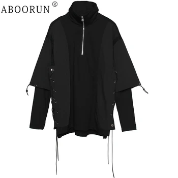 ABOORUN/мъжки блузи в стил хип-хоп, блузи-двойка с панделки, градинска облекло, черен пуловер