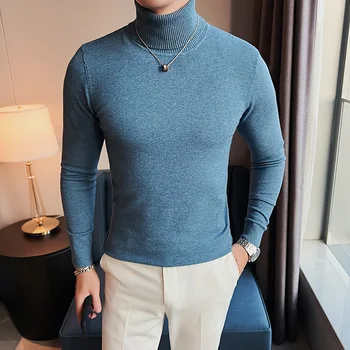 Мъжки пуловер премиум клас, обикновен пуловер с висока яка, есенно-зимна тенденция, корейски вариант, топло монтиране вязаный пуловер за мъже