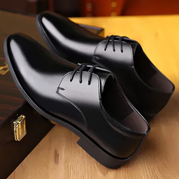 Модерен мъжки кожени обувки в бизнес стил, мъжки обувки на равна подметка, мъжки тънки обувки голям размер