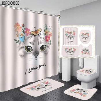 Завеса за душ сладък котка, пеперуда на цвете, на капака на тоалетната чиния, нескользящий килим за декора на банята, модерни завеси за баня с куки