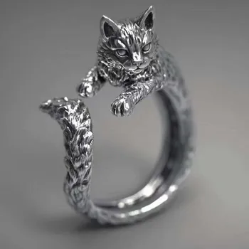 Ретро винтажное пръстен за котки, жена тенденция, персонални тайское сребърен пръстен върху показалеца си, отворен пръстен за домашно коте в Европа и Америка