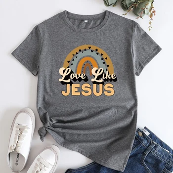 Тениска с дъгова надпис Love Like Jesus, ретро женски християнски библейски потници, тениска, сладка тениска с доброта въз основа на вяра