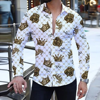 Лятна мода 2023, нова мъжка риза с дълги ръкави, уличен свободно време, плажно парти, crown, 3D печат, однобортная хавайска риза