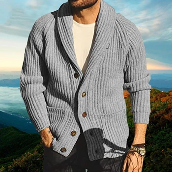 Зимна вязаный жилетка с дълъг ръкав и есенното ревера на копчета, ежедневни мъжки свободни якета, жаккардовый пуловер с винтажным геометричен модел, палто
