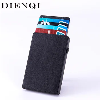 DIENQI, тънък черен портфейл с RFID-карти, метален мъжки ключ държач за карти, тънка кожена кесия, мъжки изчистен калъф за карта, портмоне