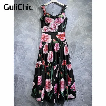 4,20 GuliChic/ дамски модни комплекти поли с флорални принтом секси върхове на спагети презрамки или дълга пола с плисета с висока талия