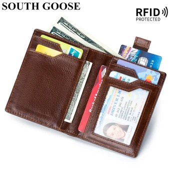 Мъжки портфейли от естествена кожа, притежателите на кредитни карти с RFID заключване, мъжки бизнес анти-кражба на чанта за пари, ретро тънък кратък портфейл