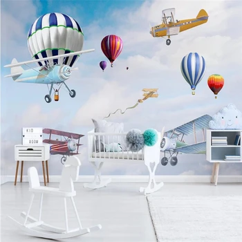 wellyu Индивидуални големи стенописи, 3D тапети скандинавски минималистичен карикатура самолет, балон на фона на тапети за детска стая
