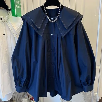 Блуза дамски 2023 двупластова стоп-моушън врата темперамент памук, с дълги ръкави жените свободни ръкави-фенери чувство за проектиране нишевая блуза