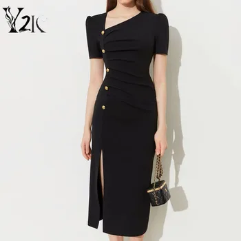 Y2K дрехи на корейското дебнещ рокля-калъф, черни рокли midi за жени, лятно дебнещ рокля с къс ръкав, елегантна рокля за работа в офис, халат за баня