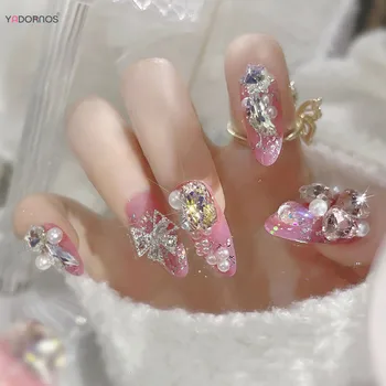 Сватбени режийни нокти Розов печат за нокти с 3D големи диаманти, Носимые режийни ноктите с миндалевидным лък и перли за жени и момичета