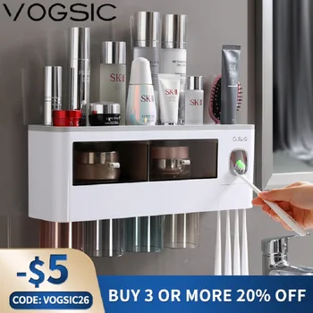 Магнитен Държач за четка за зъби VOGSIC, Автоматичен Опаковка на паста за зъби, монтиран на стената рафтове за съхранение, Комплекти, аксесоари за дома баня