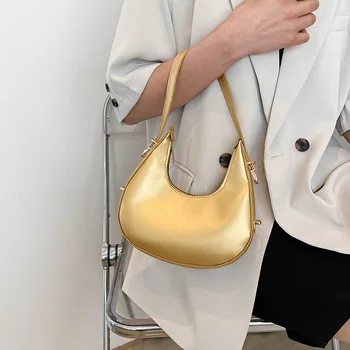 Дамски Луксозна дизайнерска чанта от изкуствена кожа, чанти, мода 2023, Реколта чанти за рамо с двоен цип във формата на полумесец