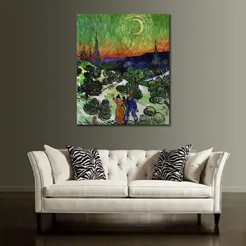 Картини на Винсент Ван Гог, изобразяващи Пейзаж с Прогуливающейся Двойка и Полумесец в стила на импресионизма, Висококачествени Ръчно Рисувани