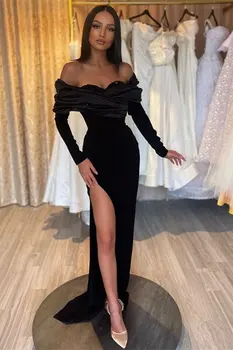 Вечерна рокля с открити рамене, черна рокля на Русалка с дълъг ръкав за бала с намаляване на официални събития