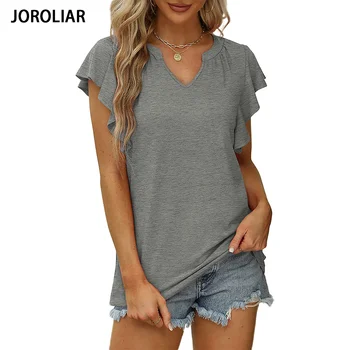 Дамски летни блузи JOROLIAR, тениски с V-образно деколте и ръкав-рюшами, върхове свободно намаляване на