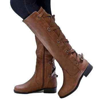 Дамски ботуши до коляното на дебелите обувки с токчета, с цип, с шнур, дамски обувки с катарама, дамски модни обувки в стил пънк, дамски обувки на платформа, есен-зима 43
